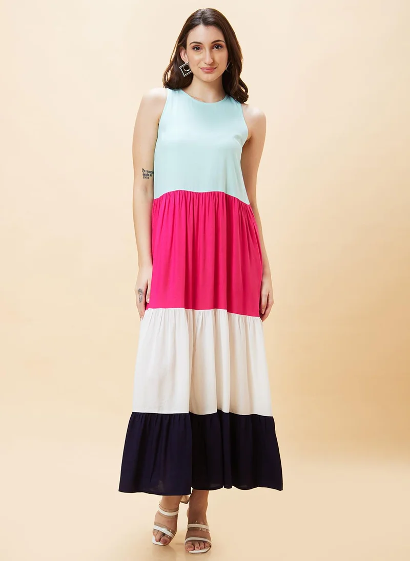 globus Globus Women Pink Colourblocked Round Neck Sleeveless Gathered Tiered A-Line Maxi Dress